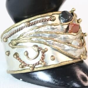Wide Cuff Bracelet Mixed Metal Brutalist Gemstone Encrusted